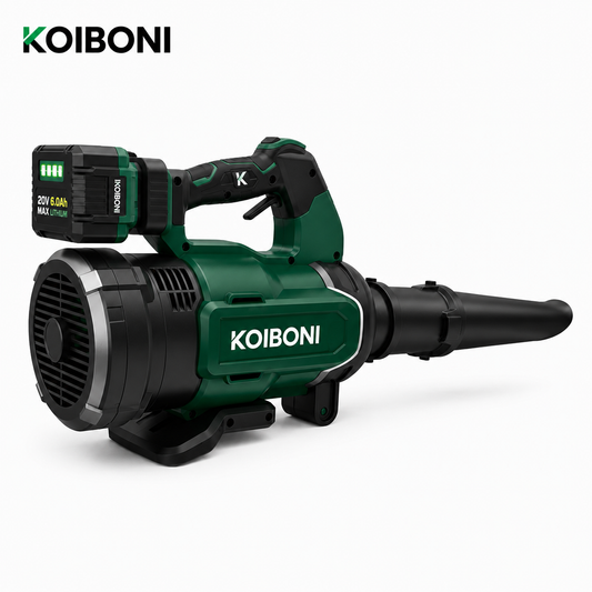 KOIBONI AeroBlast 18V cordless leaf blower with a compact design, shown in a close-up view highlighting the blower's nozzle and handle.