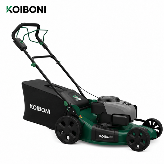 KOIBONI TurfMaster 20-inch 185cc lawn mower with PowerMove 3-in-1 features, shown with cutting deck and adjustable handle.