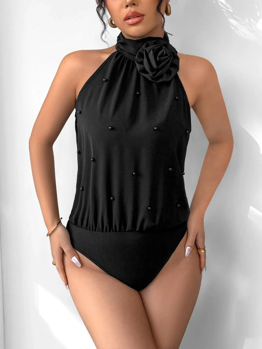 KOIBONI 3D flower Grecian neck bodysuit featuring an elegant floral design and sleek top style.