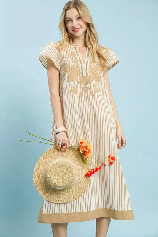 KOIBONI UMGEE striped midi dress with lace trim, featuring a romantic pinstripe design and summer-ready style.