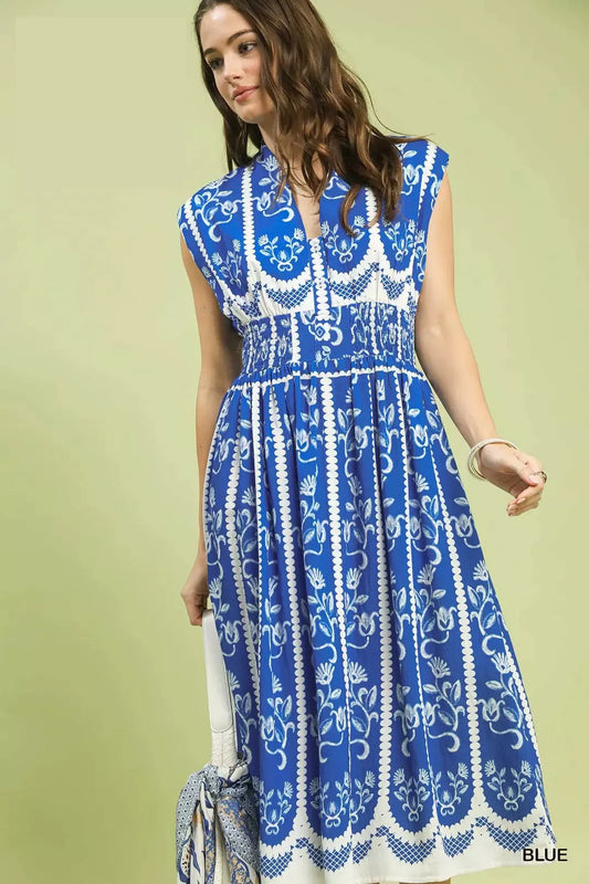 KOIBONI boho chic sleeveless smocked midi dress with a relaxed summer style, perfect for casual and outdoor wear.