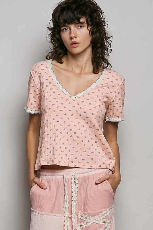 Koiboni vintage washed floral V-neck ribbed short sleeve T-shirt, casual retro top with colorful floral design