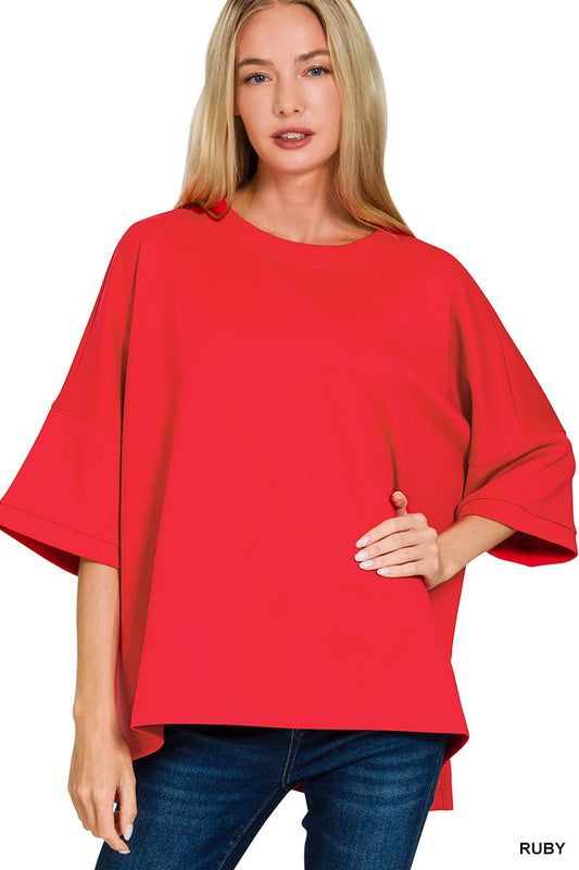KOIBONI Zenana scuba round neck top with side slits, relaxed fit chic T-shirt, shown in a neutral color with a stylish, comfortable design.