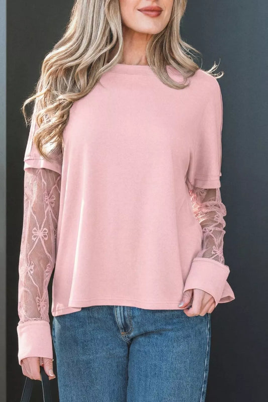 KOIBONI long sleeve tee with solid color, textured patchwork and elegant lace detail, showcasing stylish top design.