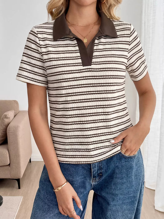 Koiboni striped polo collar short sleeve top, classic preppy style polo shirt with a fitted design and vibrant horizontal stripes.
