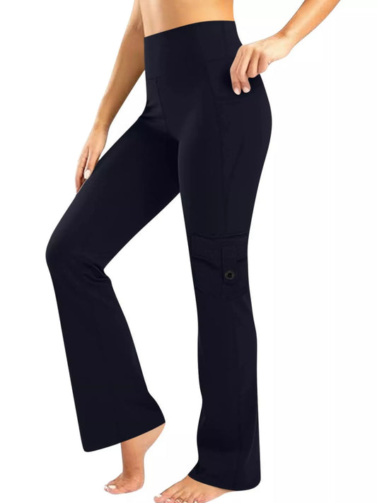 Black high-waisted yoga pants with pockets from KOIBONI, featuring a sleek fit and stretchy fabric for activewear and yoga.