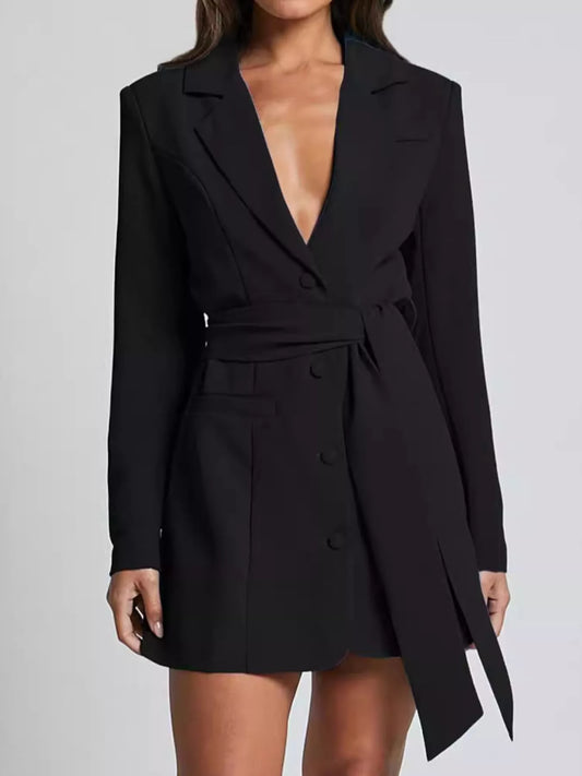 KOIBONI elegant belted blazer with lapel collar, tie waist design, tailored formal outerwear for women.