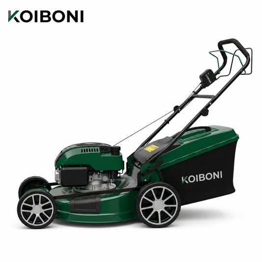 KOIBONI PowerCut 23-inch 200cc auto-drive lawn mower with cutting deck and grass collection bag in a garden setting.