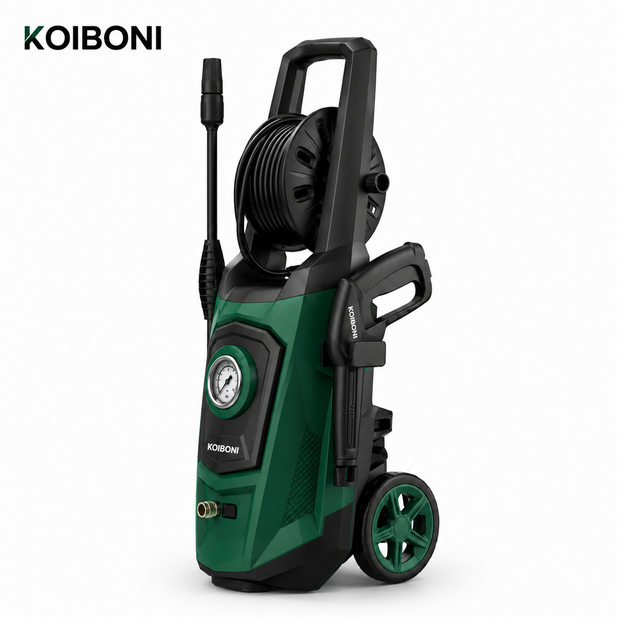 KOIBONI PowerFlow 1800W high-pressure washer with a durable spray gun and hose, suitable for cleaning outdoor surfaces.