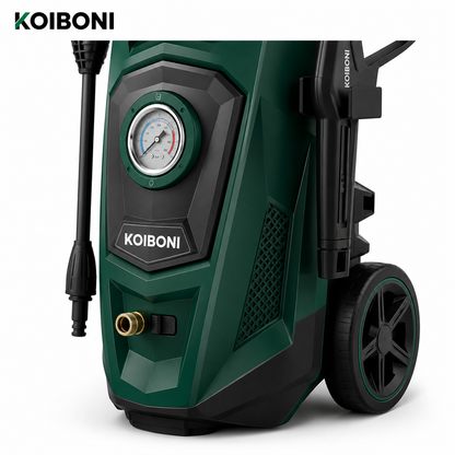 KOIBONI PowerFlow 1800W high-pressure washer with adjustable nozzle and durable design for cleaning outdoor surfaces.