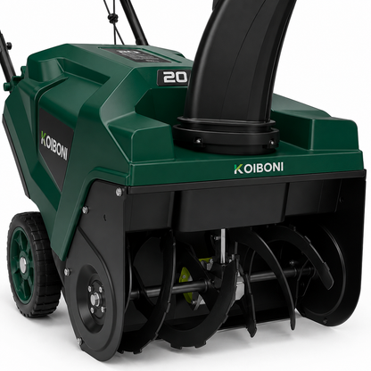 KOIBONI SnowMaster 20 single-stage auger snow blower showing the powerful auger and chute for efficient snow removal.