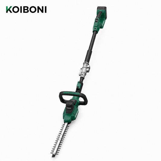 KOIBONI TrimMaster 20V PowerCut cordless hedge trimmer with dual blades and ergonomic handle for precise garden hedge trimming.