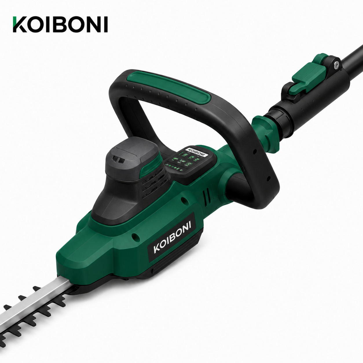 KOIBONI TrimMaster 20V PowerCut cordless hedge trimmer with dual blades for precise garden hedge trimming.