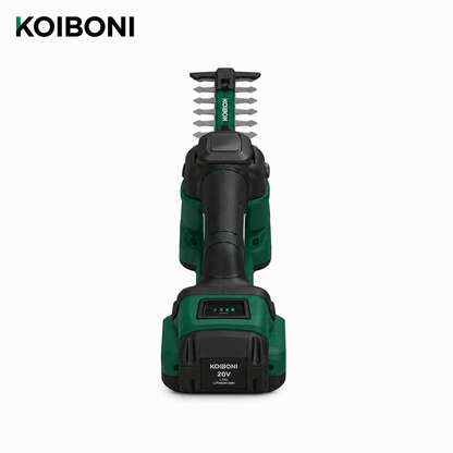 KOIBONI TrimPro 25V cordless hedge trimmer with dual blades and ergonomic handle, ready for garden trimming tasks.