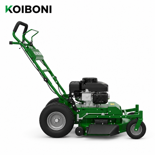 KOIBONI TurboEdge 32-inch 330cc gas zero-turn lawn mower with cutting deck and ergonomic handlebar for efficient yard work.