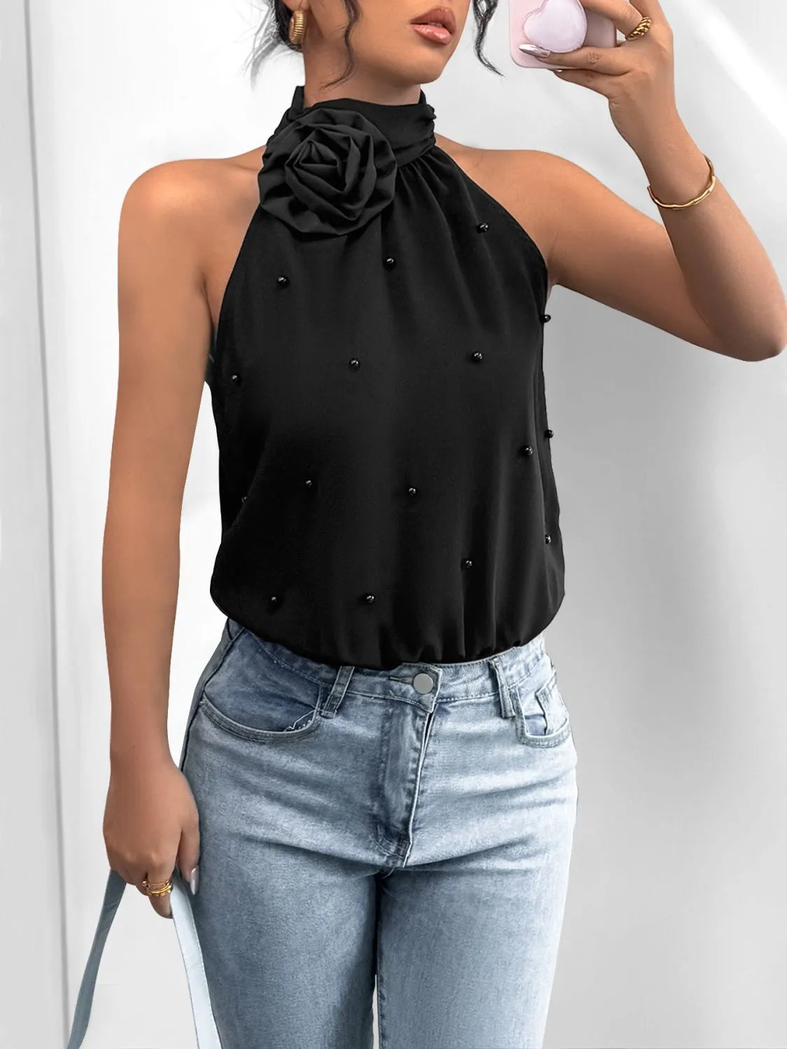 KOIBONI 3D flower Grecian neck bodysuit featuring an elegant floral design and sculpted fit, perfect for stylish statement tops