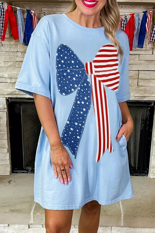 Koiboni patriotic bow graphic T-shirt dress, casual cotton summer dress with a vibrant patriotic print and comfortable fit.