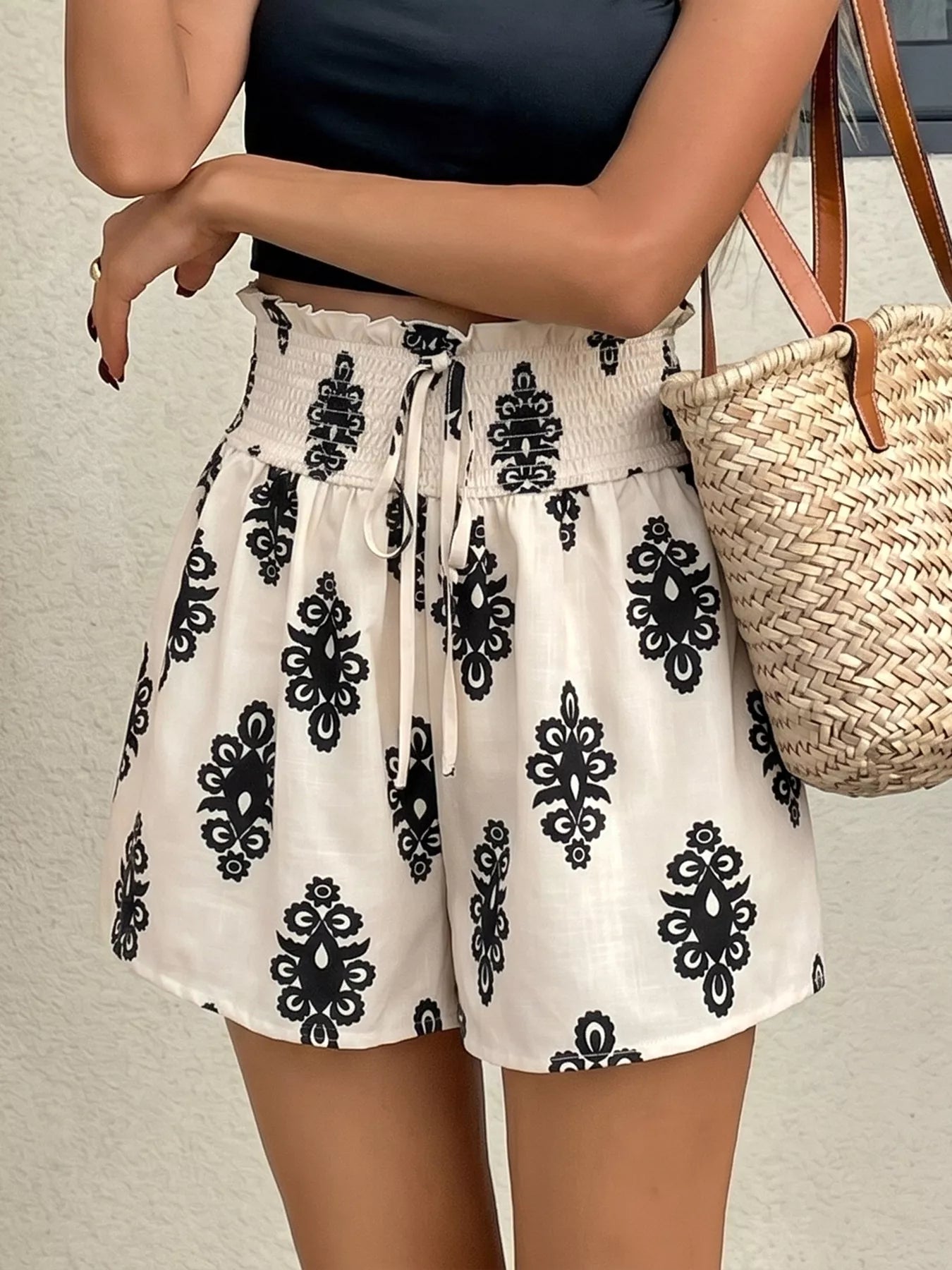 KOIBONI smocked waist printed summer shorts with bohemian design, lightweight and breezy for warm weather.