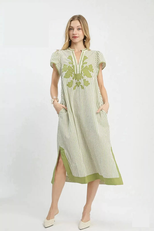KOIBONI UMGEE stripe midi dress with lace trim, romantic summer gown featuring pinstripes and a flowy silhouette.