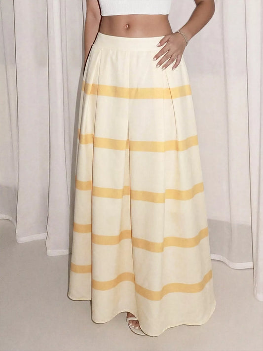 Striped maxi skirt by Koiboni featuring a vertical pattern and functional pockets, perfect for casual or chic outfits.