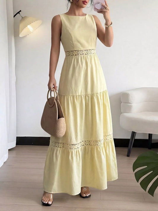 Koiboni sleeveless tiered lace trim maxi dress with a flowing boho chic design and romantic layered silhouette.