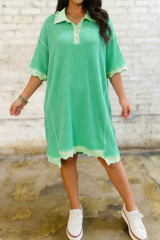 KOIBONI casual polo collar ribbed half-sleeve mini dress in preppy style, featuring a fitted silhouette and classic design.