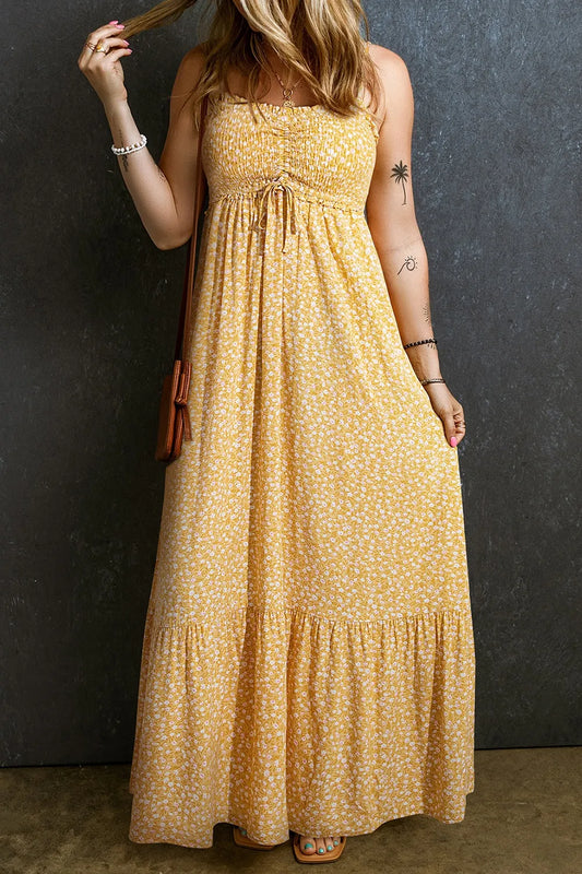 Koiboni smocked printed square neck maxi cami dress featuring boho chic style, drawstring waist, and flowing silhouette.
