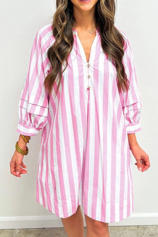 KOIBONI striped notched mini dress with classic buttons, perfect for summer, featuring a stylish fit and vibrant pattern.