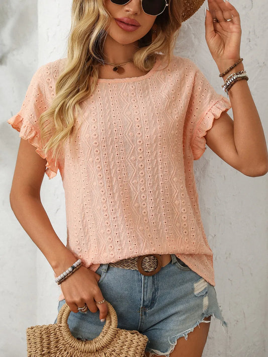 KOIBONI Mandy eyelet round neck short sleeve top with chic frill design, featuring a stylish and feminine T-shirt or top look.