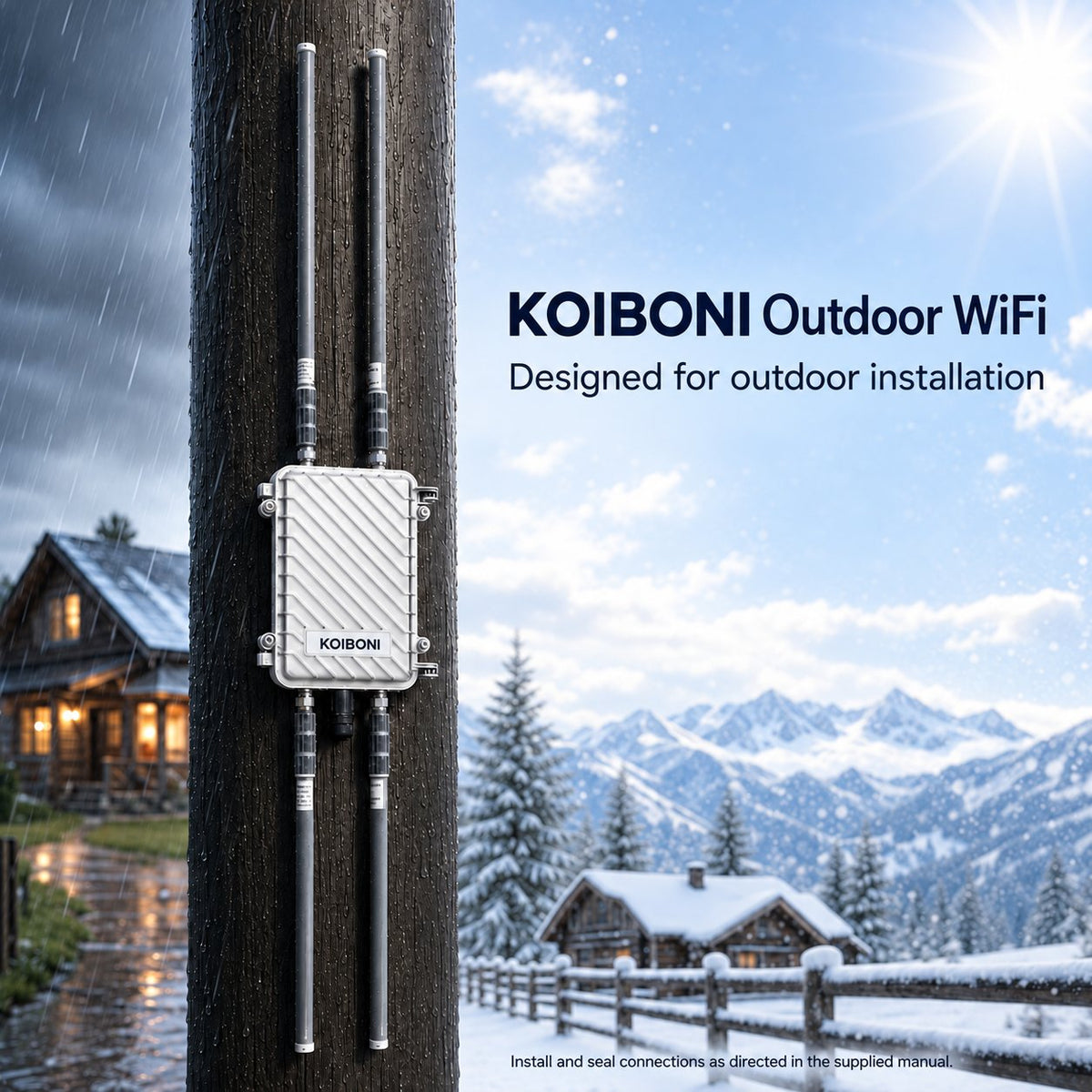 KOIBONI Outdoor WiFi installation and weather sealing illustration